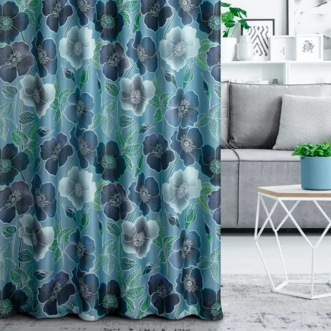 Tkanina zasłonowa zaciemniająca typu blackout, miękka, z kolorowym nadrukiem w kwiaty