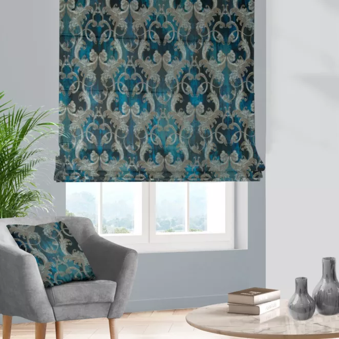 Roleta rzymska ciemnoturkusowo srebrna z ekskluzywnej tkaniny z dużym ornamentowym wzorem Italissima Eva Minge