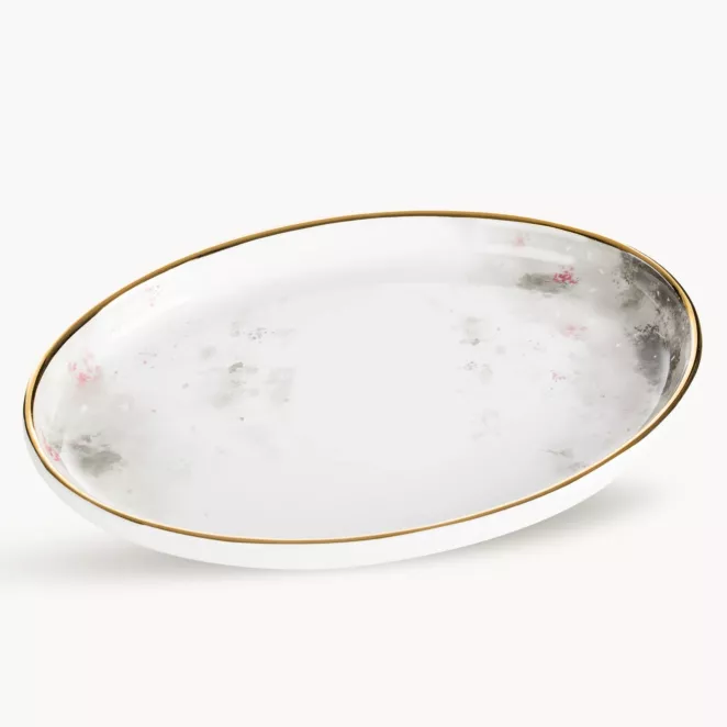 Patera dekoracyjna biało, srebrna zdobiona subtelnym wzorem 32x23x4 cm LUMIA