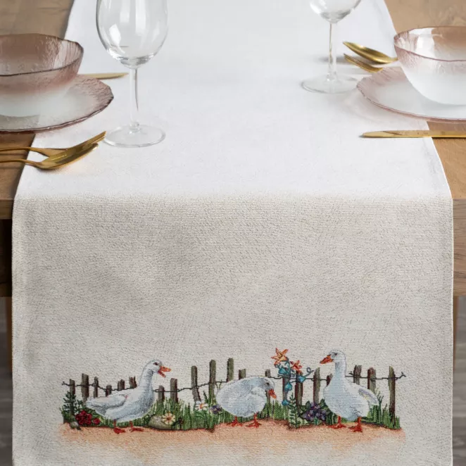 Bieżnik na stół naturalny 45x140 cm gobelinowy z motywem Gęsi