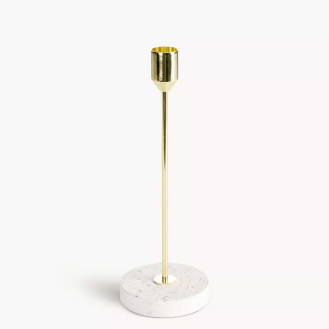 Świecznik dekoracyjny złoto, kremowy o smukłym uchwycie i kamiennej podstawie średnica 8x22 cm KORI