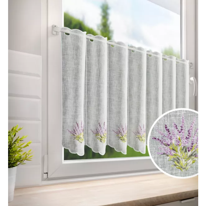 Tkanina firanowa zazdrostka z etaminy zdobiona haftem lawendy