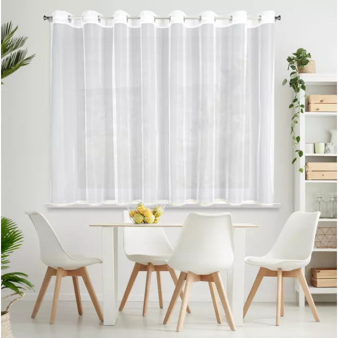 Firana biała z gładkiej matowej mikrosiateczki z ozdobną złotą koronką 300x150 cm przelotka CASSIE