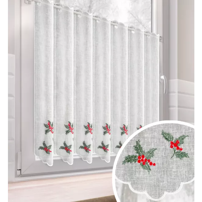Tkanina firanowa zazdrostka z etaminy zdobiona świątecznym haftem z motywem ostrokrzewu