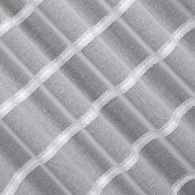 H235/4 Firana szyta na taśmie 5 cm biało beżowa z etaminy zdobionej frędzlowymi pasami