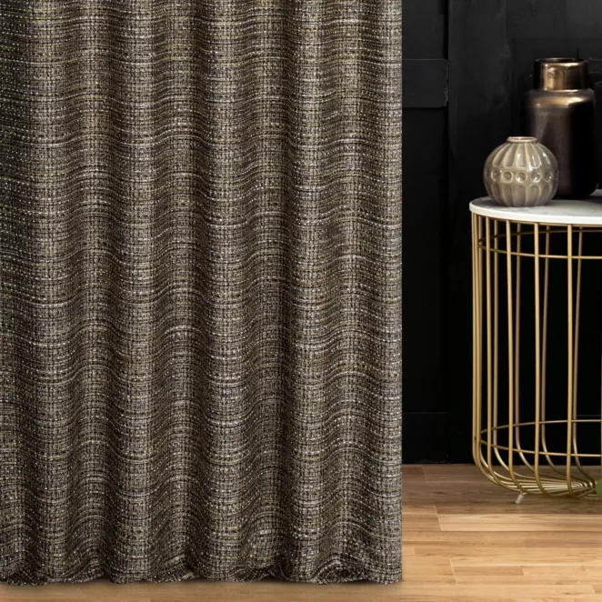Zasłona szyta na taśmie 5 cm czarno srebrna z tkaniny o grubym, naturalnym splocie z połyskiem