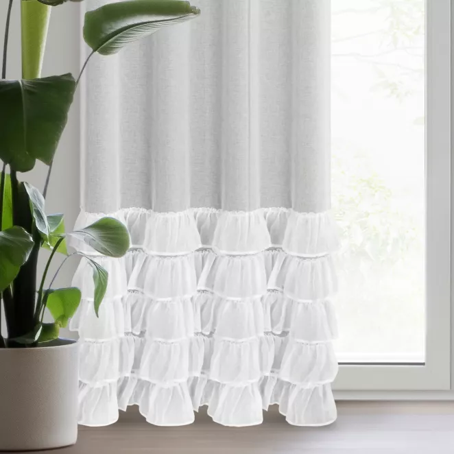 Firana biała z etaminy zdobiona w dolnej części falbanami 140x250 cm przelotka DANI