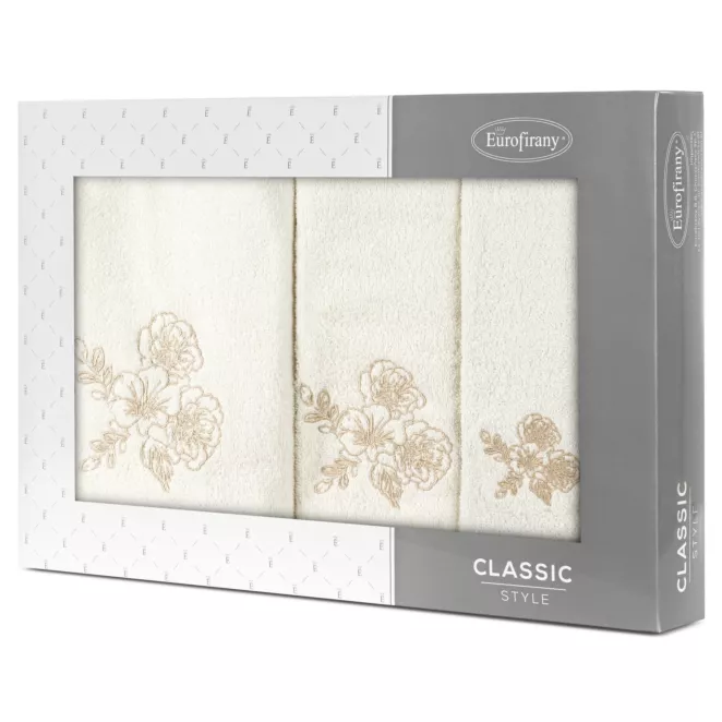 Zestaw ręczników bawełnianych na prezent 3 szt kolor kremowy, beżowy z haftem kwiatów 400 g/m2 MELANI