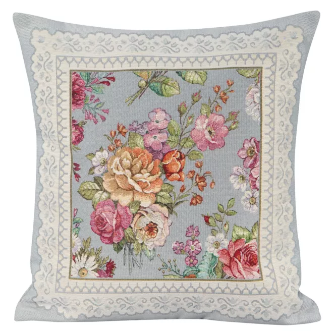 Poszewka na poduszkę 45x45 cm gobelinowa popielato, różowa zdobiona tkanym motywem kwiatowym GOB