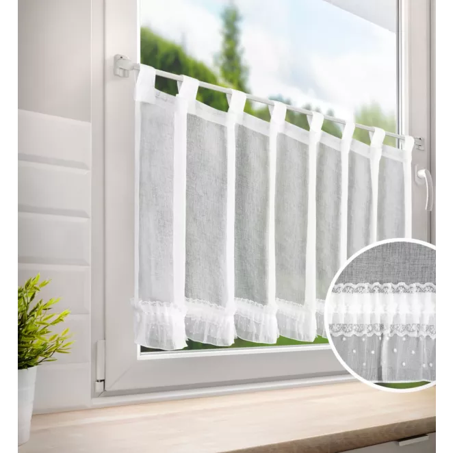 Zazdrostka biała z etaminy zdobiona aplikacją z dodatkiem perełek 60x150 cm szelki MARY