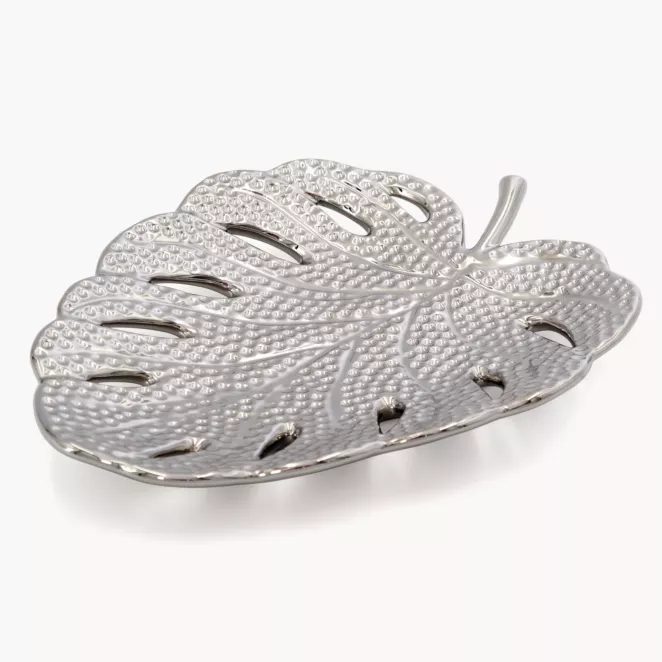 Patera dekoracyjna srebrna w kształcie liścia monstery 25x19x4 cm KARLO