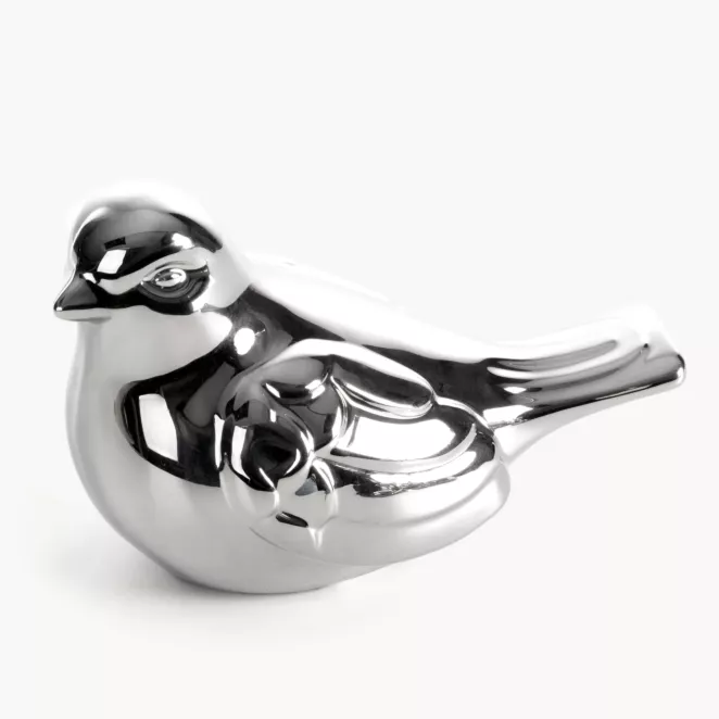 Figurka dekoracyjna ptaszek srebrna o wysokim połysku 15x9x10 cm FABIO