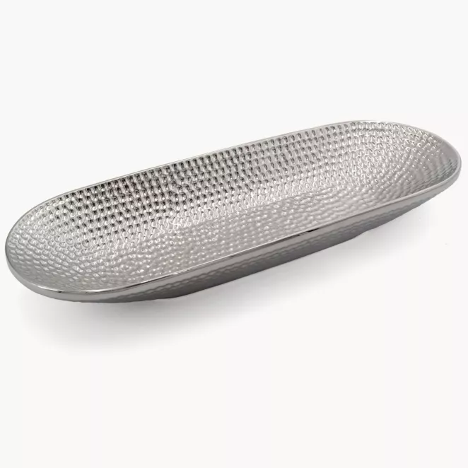 Patera dekoracyjna srebrna z ozdobnym wzorem 41x15x6 cm GREG