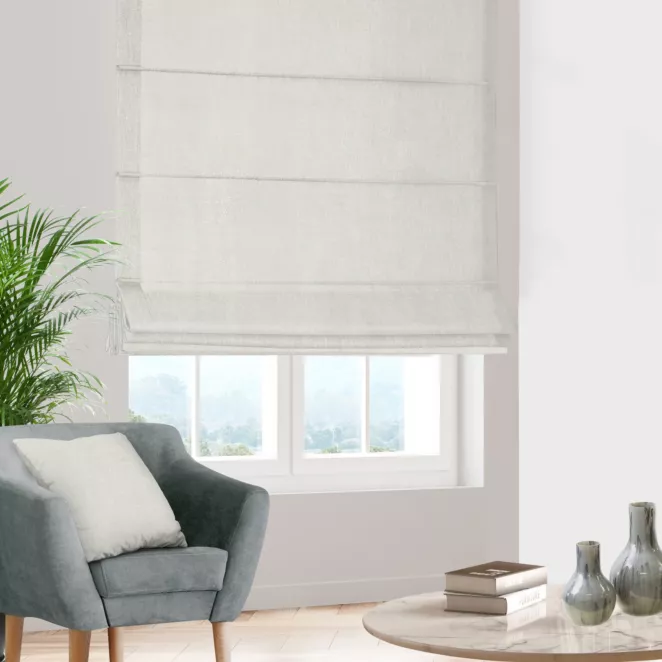 Roleta rzymska naturalno srebrna tkanina o naturalnym splocie z delikatnym połyskiem