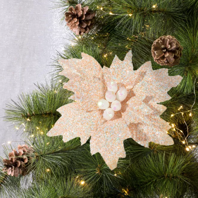 Świąteczny kwiat dekoracyjny z tkaniny obsypany brokatem