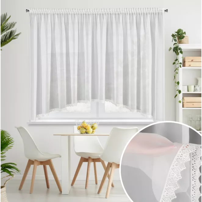 Firana biała łuk z ozdobną koronką 400x150 cm taśmie - CANDY