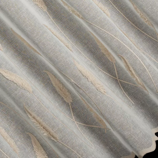 H228/2 Firana szyta na taśmie 5 cm naturalna z matowej etaminy haftowanej w roślinny wzór