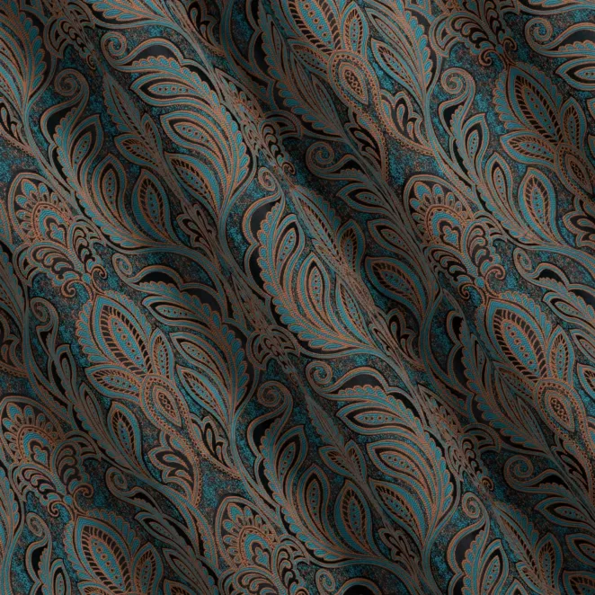 M224/5 Zasłona szyta na taśmie 5 cm turkusowo miedziana z miękkiej w dotyku tkaniny, z fantazyjnym wzorem ornamentowym