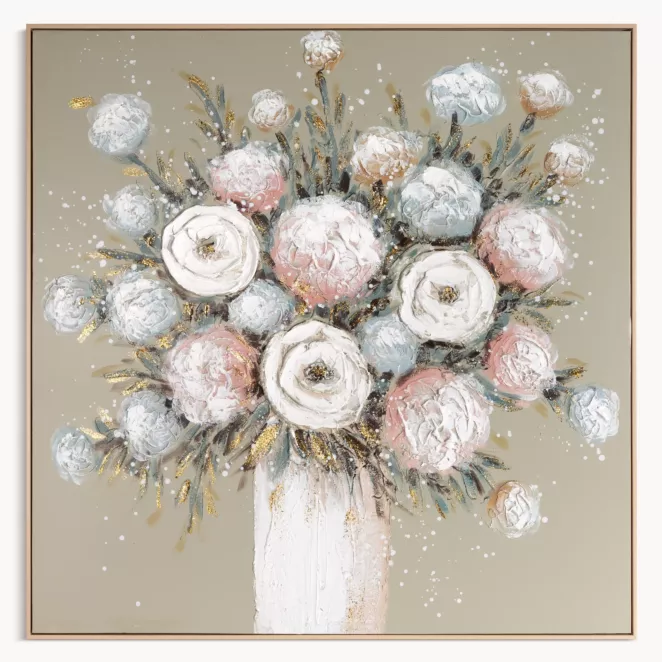 Obraz kremowo, beżowy ręcznie malowany z motywem kwiatów oprawiony w ramę 102x102 cm