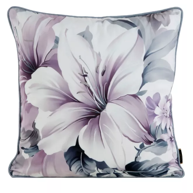 Poszewka na poduszkę 45x45 cm welwetowa, kremowo fioletowa, dwustronna z motywem kwiatów VELVET 122 Eurofirany Premium