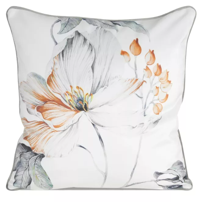 Poszewka na poduszkę dwustronna 60x60 cm welwetowa, biało pomarańczowa z motywem roślinnym z wypustką na brzegach AMELIA Eurofirany Premium