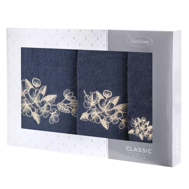 Zestaw ręczników bawełnianych na prezent 3 szt kolor granatowy,szampański z haftowanym motywem kwiatu wiśni 400 g/m2 SOFIA