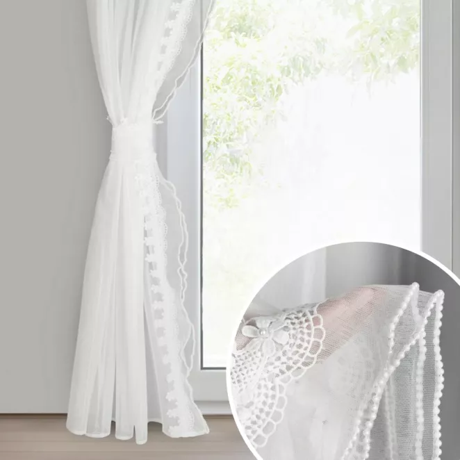 Komplet białych firan 2 szt zdobionych koronką z perełkami, troczek w zestawie 140x270 cm taśma LARISA