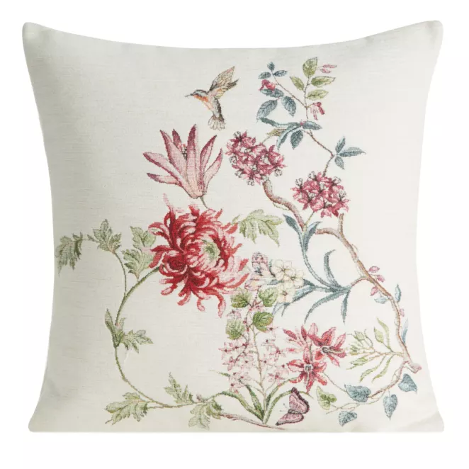 Poszewka na poduszkę 45x45 cm szenilowa kolor naturalny zdobiona subtelnym wzorem kwiatów