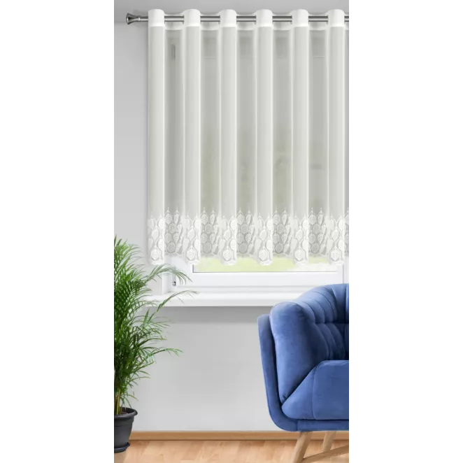 Firana kremowa z drobnej siateczki zdobiona ażurowym haftem 350x150 cm przelotka - NIRA