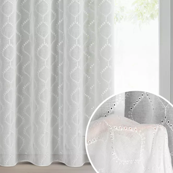 Firana biała z etaminy zdobiona ażurowym haftem 140x250 cm przelotki - RAYA