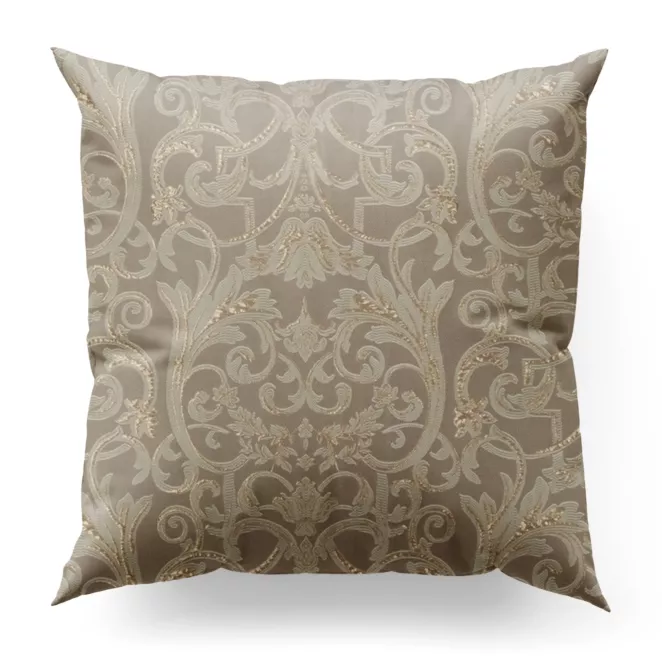 Poszewka szyta beżowo złota z eleganckiej tkaniny w duży wzór ornamentowy