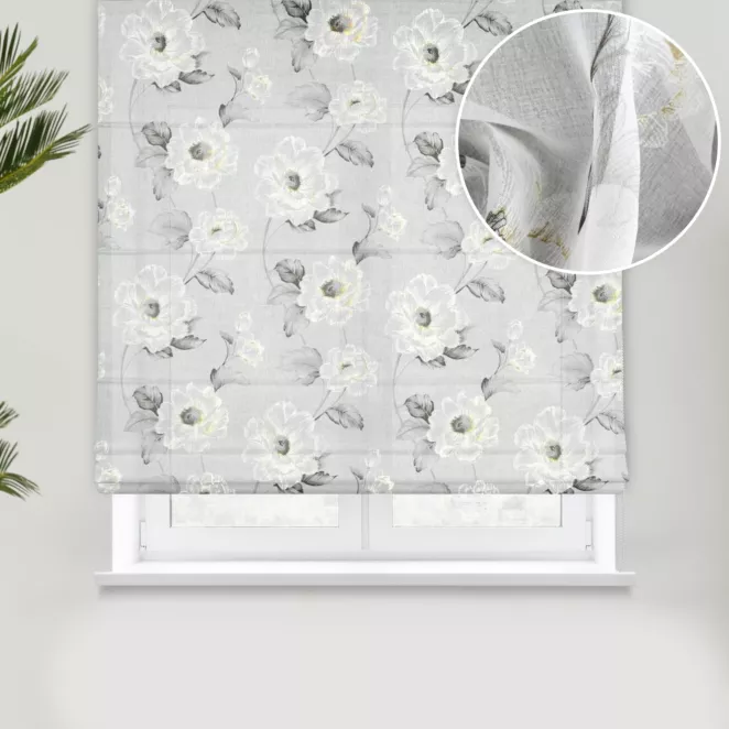 Roleta rzymska biało oliwkowa z matowej etaminy z kwiatowym nadrukiem