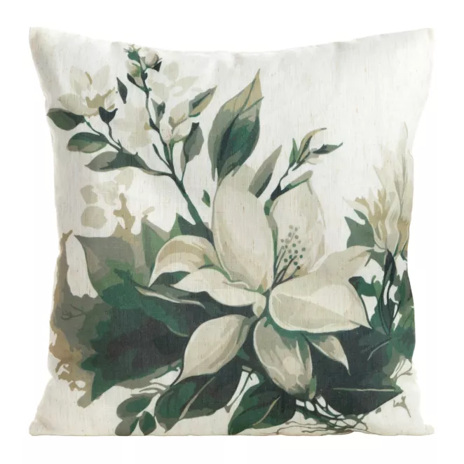 Poszewka na poduszkę 45x45 cm o strukturze lnu z nadrukiem subtelnych kwiatów beżowo, zielona LEN