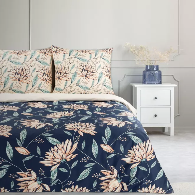 Pościel 140x200 cm bawełniana kolor granatowy, jasnobeżowy z wzorem kwiatowym NIKA 49