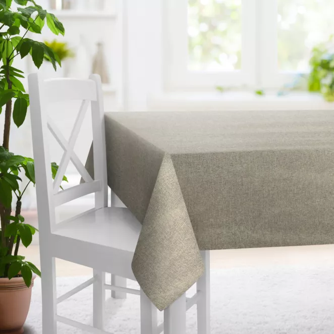 Obrus szyty beżowo złocisty o luźnym lnianym splocie z błyszczącą nicią