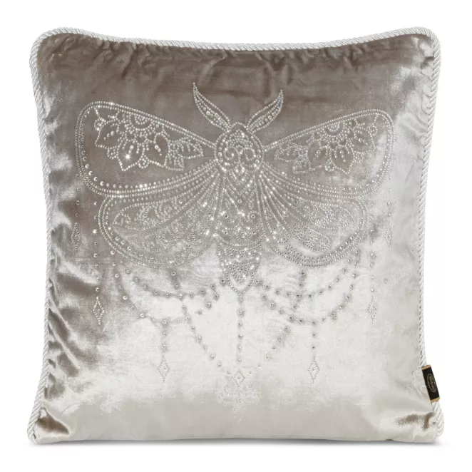 Poszewka na poduszkę 45x45 cm welwetowa kolor beżowy zdobiona wzorem motyla z kryształków ROYAL 8