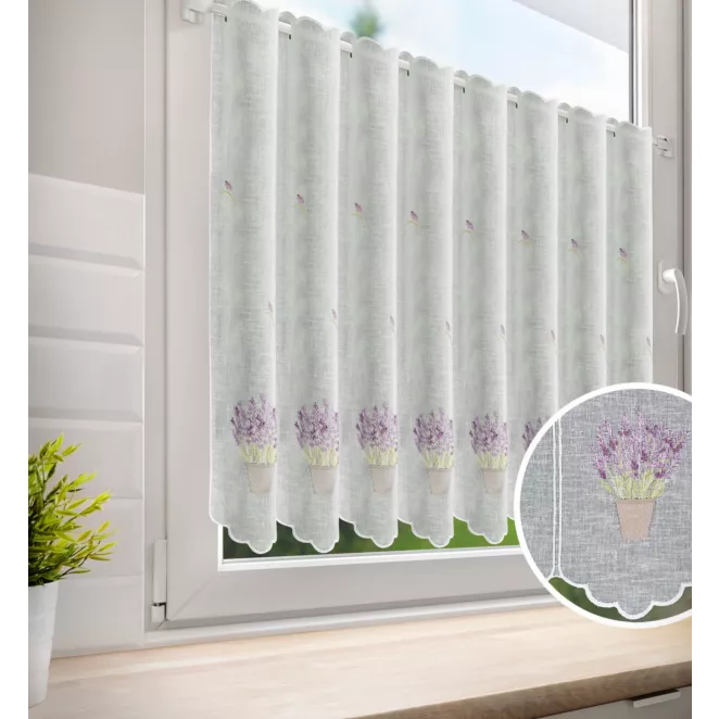 Tkanina firanowa zazdrostka z etaminy zdobiona haftem lawendy