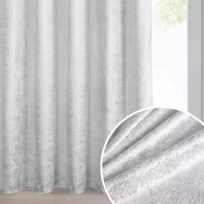 Zasłona biało, srebrna welwetowa z nakrapianym nadrukiem 135x270 cm taśma - AVENA