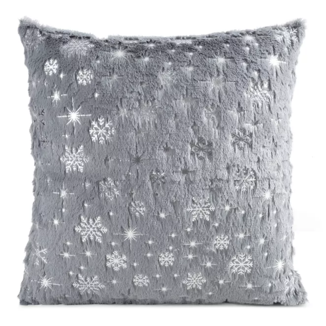 Poszewka na poduszkę świąteczna 45x45 cm stalowo, srebrna z przyjemnego futerka zdobiona nadrukiem śnieżynek