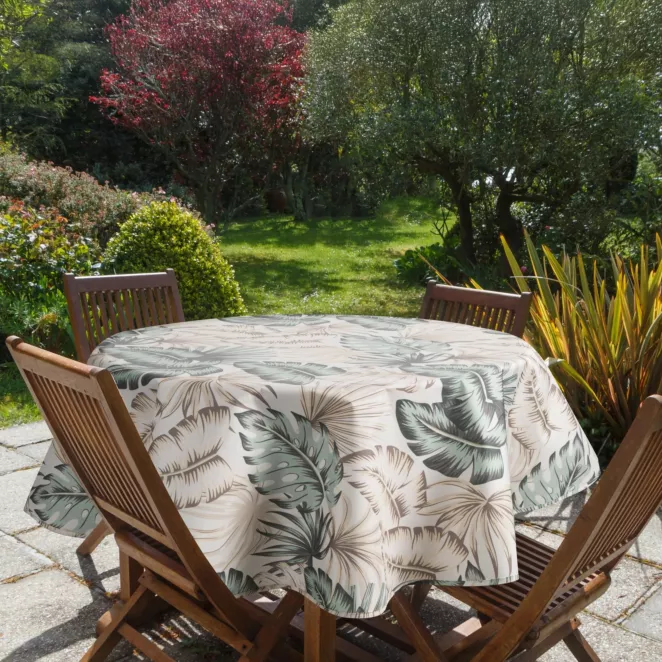 Obrus okrągły kremowo zielony średnica 150 cm wodoodporny GARDEN na taras oraz balkon z motywem egzotycznych liści