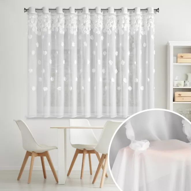 Firana biała z szyfonu zdobiona różami 3D 350x160 cm przelotka - DIANA