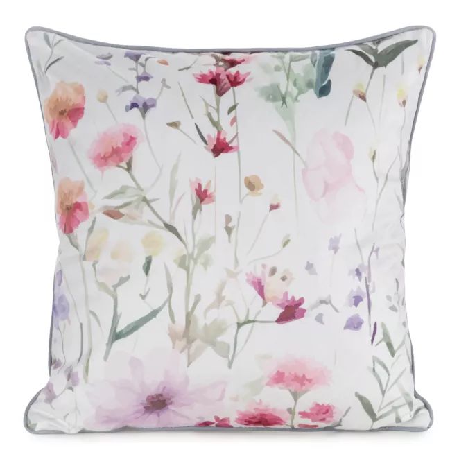Poszewka na poduszkę 45x45 cm welwetowa, biało różowa z nadrukiem pastelowych kwiatów VELVET 152 Eurofirany Premium