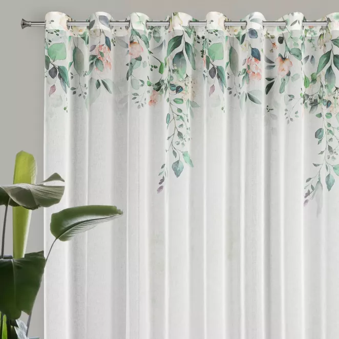 Dekoracja okienna biało, zielona z lekkiej etaminy z motywem letnich kwiatów 350x250 cm przelotka NIKI