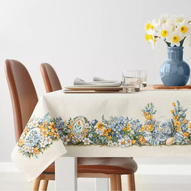 Wielkanocny obrus naturalno, niebieski 140x180 cm gobelinowy zdobiony tkanym motywem świątecznym