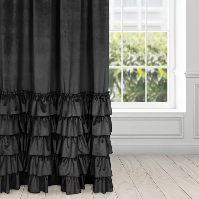 Zasłona welwetowa czarna zdobiona falbanami 140x250 cm taśma - CHARLOTTE