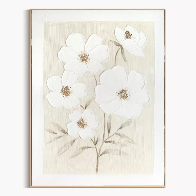 Obraz kremowy, jasnozielony ręcznie malowany z kwiatowym motywem oprawiony w ramę 92x122 cm