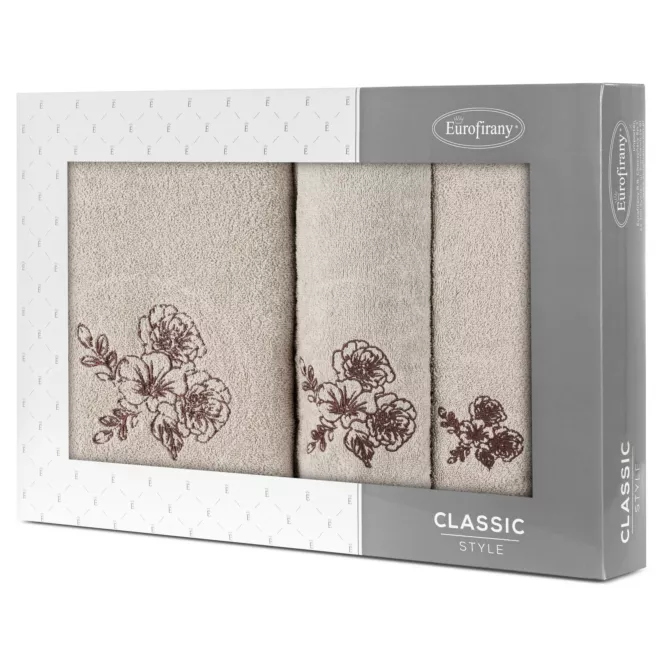 Zestaw ręczników bawełnianych na prezent 3 szt kolor beżowy, brązowy z haftem kwiatów 400 g/m2 MELANI