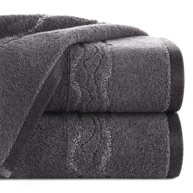 Ręcznik do rąk 30x50 cm bawełniany kolor stalowy zdobiony bordiurą z błyszczącym wzorem 500 g/m2 KARIN