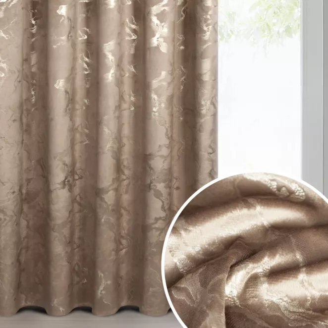 Zasłona brązowo, szampańska welwetowa zdobiona błyszczącym nadrukiem 140x270 cm taśma - RAJA