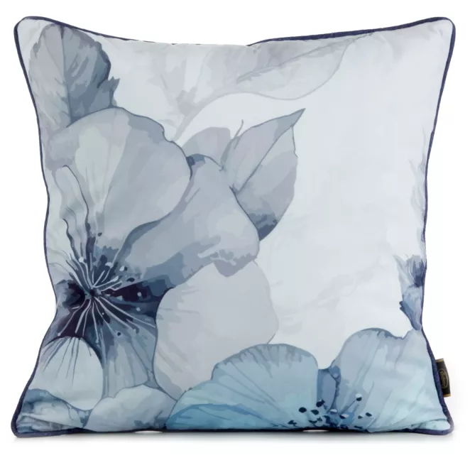 Poszewka na poduszkę 45x45 cm welwetowa, niebiesko kremowa, dwustronna z motywem kwiatów VELVET 132 Eurofirany Premium